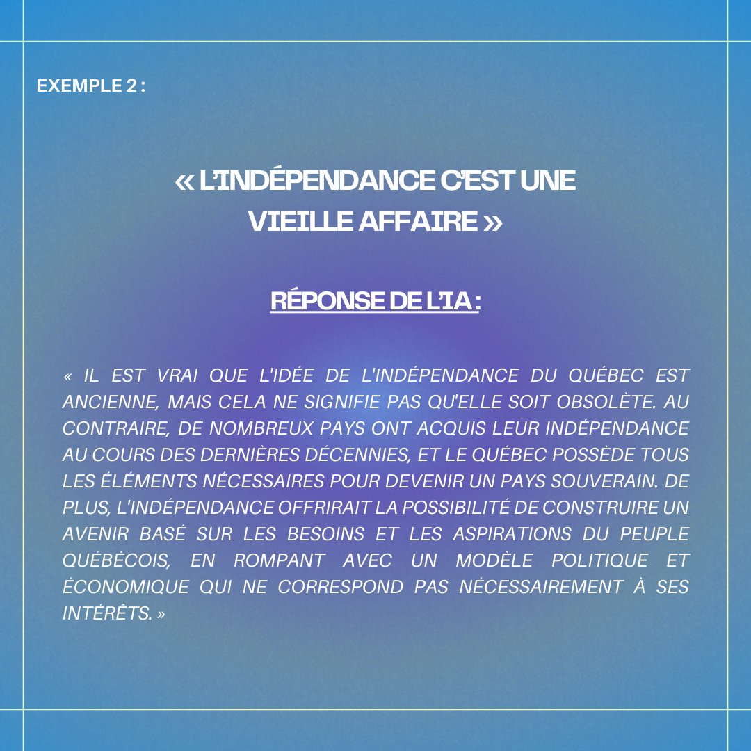 Nous dévoilons aujourd'hui une initiative citoyenne des OUI Québec : une intelligence artificielle qui rend indépendantiste, un projet aligné sur notre mission visant à promouvoir et vulgariser l'indépendance du Québec. ⚜️🧬
Essayez-là maintenant ici! :
ouia.org/?fbclid=IwAR3C…