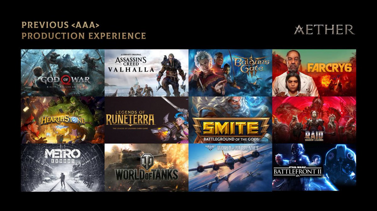 AetherGamesInc's tweet image. 2/ The talent at Aether Games is unparalleled.   

Our team has helped shape over 500 projects, including titles you know and love such as League of Legends, World of Tanks, God of War, Smite, Star Wars Battlefront 2, and Hearthstone.