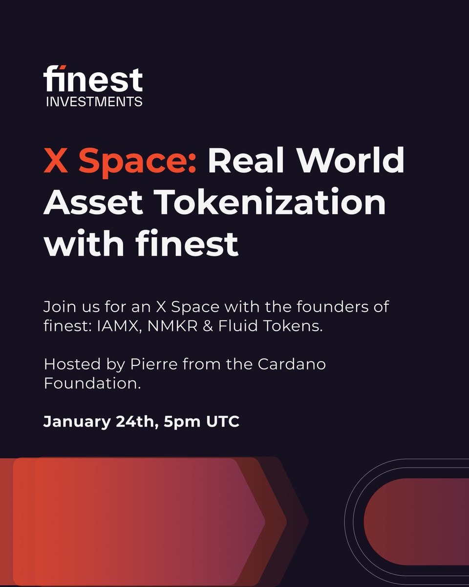 FluidTokens's tweet photo. Investing in Real World Assets has never been easier.

The first Tokenization Platform on Cardano is here:

Join our debut X Space with Finest 👇