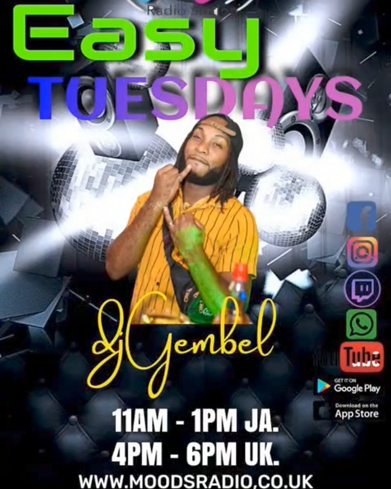 MoodsRadioUK's tweet photo. *UK COMMUNITY RADIO STATION*

EASY TUESDAY'S
WITH DJ GEMBEL 4pm-6pm

nice &amp; easy musical juggling

#radiostation #communityradio #musicmix #anymood #goodvibes #tuesdays #tuesdayvibes #OnlineRadioStation #Music #Online #TuneIn #OnlineRadio #EasyTuesday #Jamaica #tuesdaymotivation https://t.co/AFxjQApbyX
