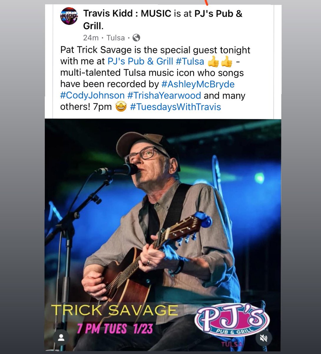 Trick Savage is the special guest tonight with me at PJ's Pub &amp; Grill #Tulsa multi-talented Tulsa music icon who songs have been recorded by #AshleyMcBryde #CodyJohnson #TrishaYearwood and many others! 7pm 1/23/24 TUES
#TuesdaysWithTravis #TravisKidd #TrickSavage