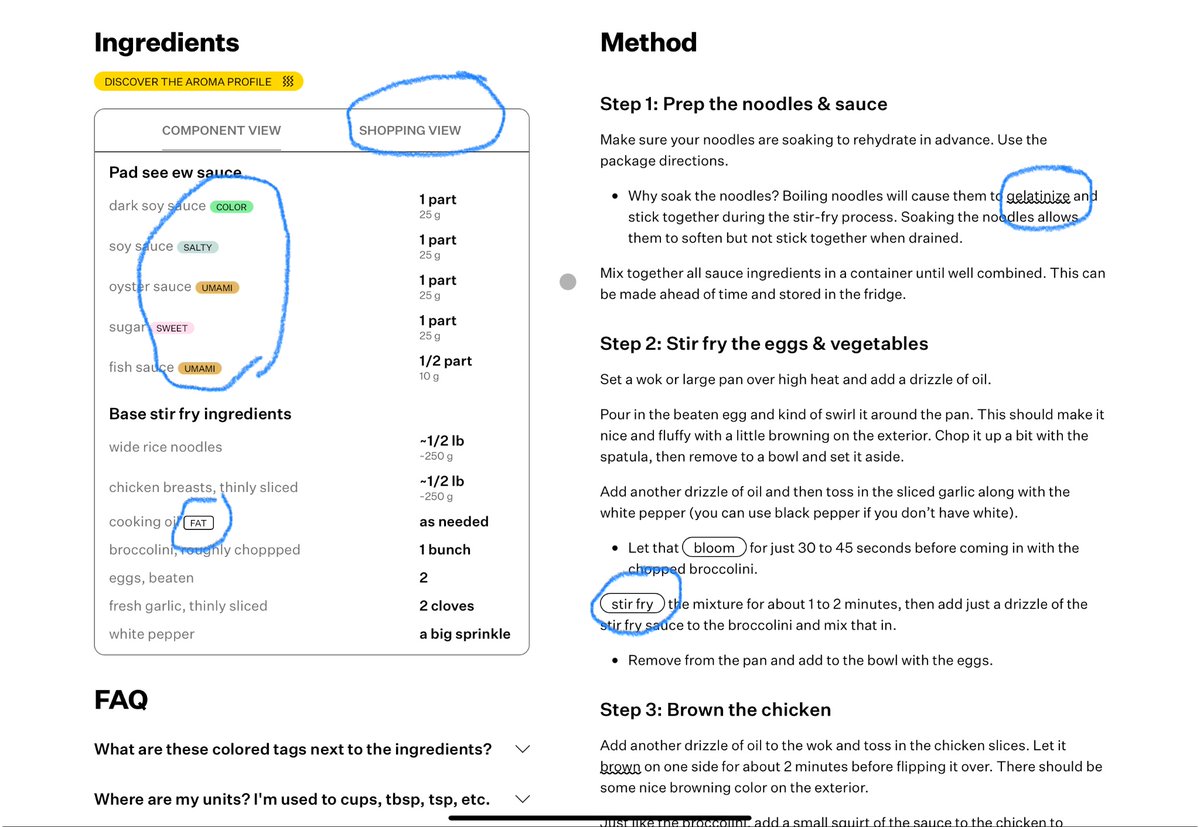 EthanChleb's tweet photo. So how is Cook Well different?

1) I’ll argue it is the cleanest recipe experience on the internet and if it’s not yet, we’ll get there.

2) We will need to integrate some ads…but the future state of the business will not be dependent on ad revenue. We plan to make physical products and build a Cook Well application that will make home cook’s lives easier. We already have so many ideas for features we can build.

3) This is my favorite part. We’ve integrated what we call the ‘Fundamentals’ of cooking into recipes as components. If you take a look at the photo below here are some examples:

INGREDIENT FEATURES

- Flavor Tags that help explain what an ingredient is doing in the recipe.

- There’s also a shopping view the reorganizes the ingredients by grocery sections when you are in the store so you can get all items at once.

METHOD FEATURES

- Reaction Tags explain when a specific reaction is occurring that is important for the dish

- Technique Tags explain when a common technique is being used which will pop up in all sorts of recipes.

I’m so pumped to finally have this open to public and can’t wait to share more as we build this and make it better. The next several years are going to be so much fun.