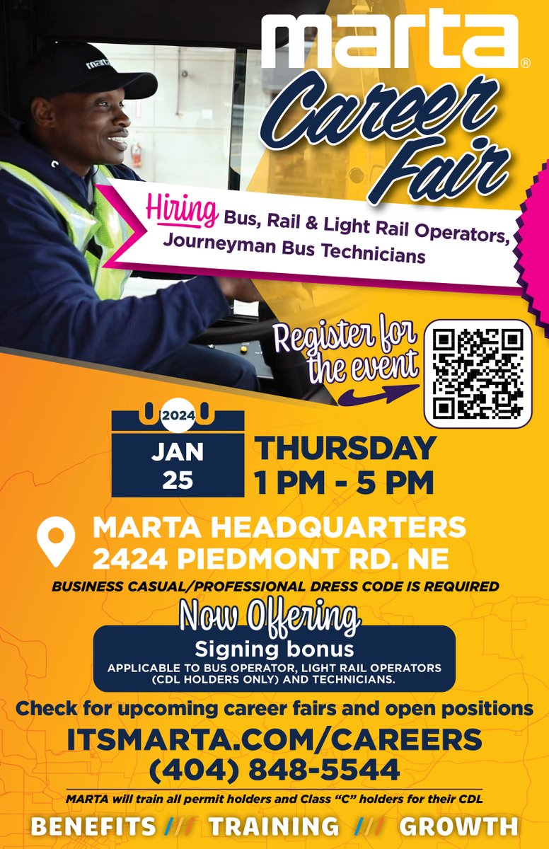 MARTA Career Fair - Thursday, January 25 at 1pm - 5pm
Hiring Bus, Rail &amp; Light Rail Operators and Journeyman Bus Technicians
#hiringnow #equity #newcareer #recruiting #diversityandinclusion #transit #operators #inclusiveworkplace #newopportunity