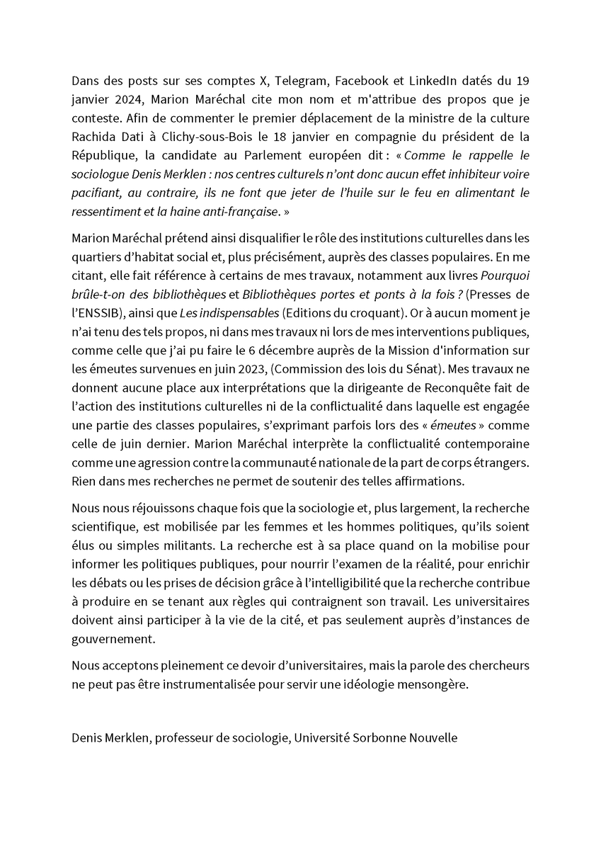 [Communiqué] Dans des posts sur ses comptes X, Telegram, Facebook et LinkedIn datés du 19 janvier 2024, Marion Maréchal cite Denis Merklen, directeur de l'IHEAL, et lui attribue des propos qu'il conteste.