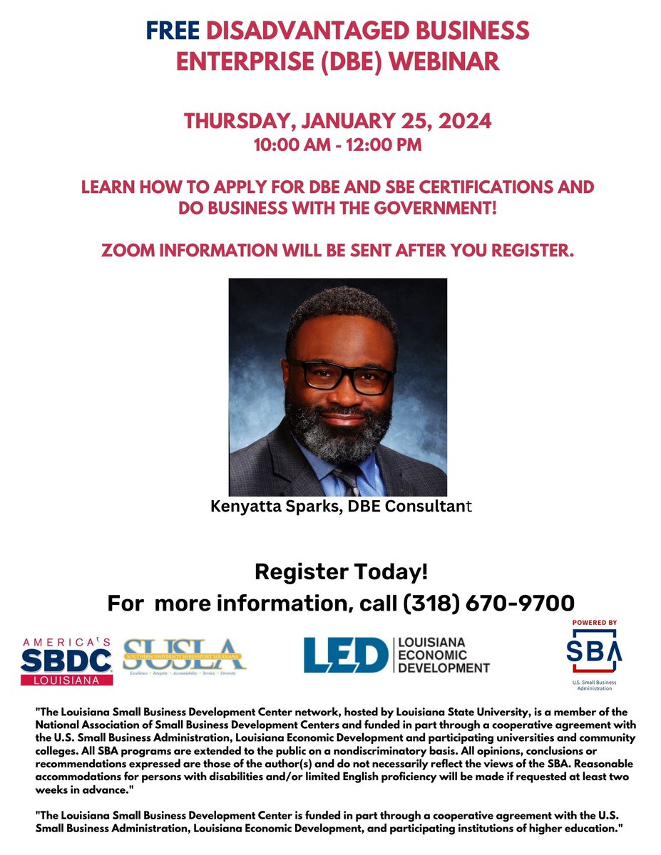 Click on the link below to register today! Please share! #SUSLA #LSBDC #SBA
www2.lsbdc.org/workshop.aspx?…