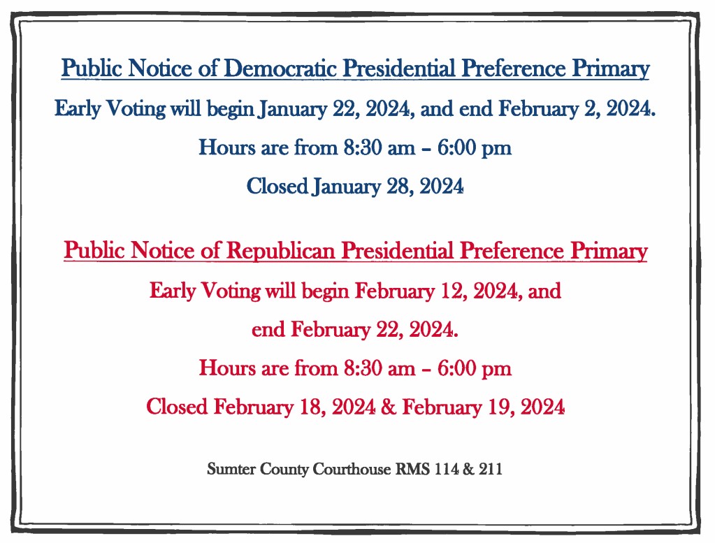SumterCountyGov's tweet photo. PSA from the Sumter County Office of Voter Registration &amp; Elections #SumterCountySC 
The Sumter County Courthouse is located in Historic #DowntownSumter at 141 North Main Street #sumtersc https://t.co/IlC6r1lF28