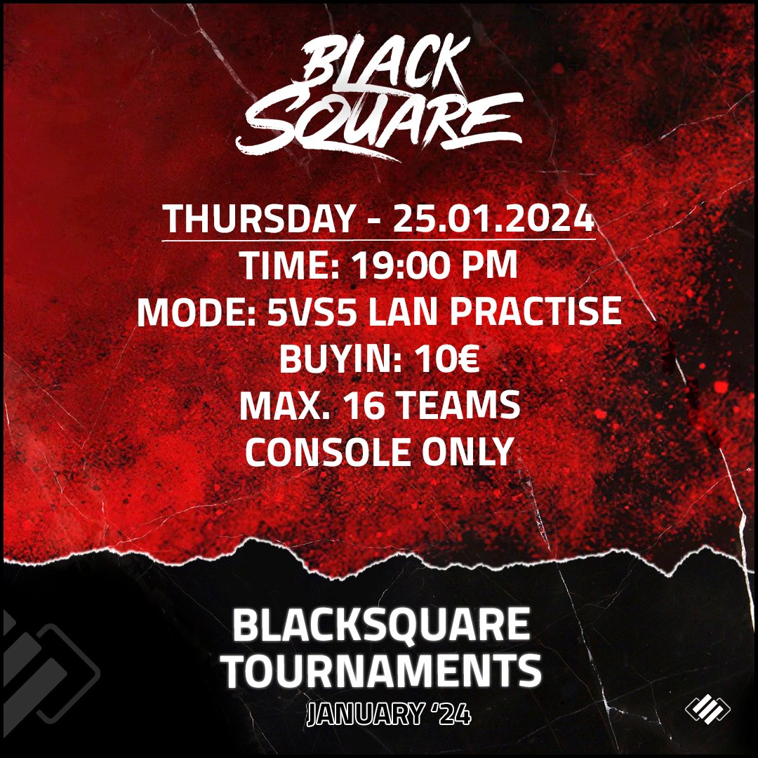 ⬛️ BlackSquare Lan Practise ⬛️

Hiermit öffnen wir die Anmeldung zur 4. "Lan Practise".

Facts:
- Uhrzeit: 19 Uhr
- WB Bo3 | LB 1nd bis 6
- Regelwerk: OPL / Lan Rules

Zur Anmeldung: t1p.de/hlu87

Alle Maps im Tournament sind vorgegeben und das Bracket geshuffelt.