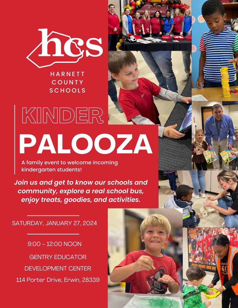Join us for Kinderpalooza! 

Incoming kindergarten students and their families can get to know our schools and community, explore a real school bus (and meet Buster the Bus), enjoy treats, goodies, and activities.

#WeAreHarnett #InspiringLearnersToBeLeaders #SuccessWithHCS