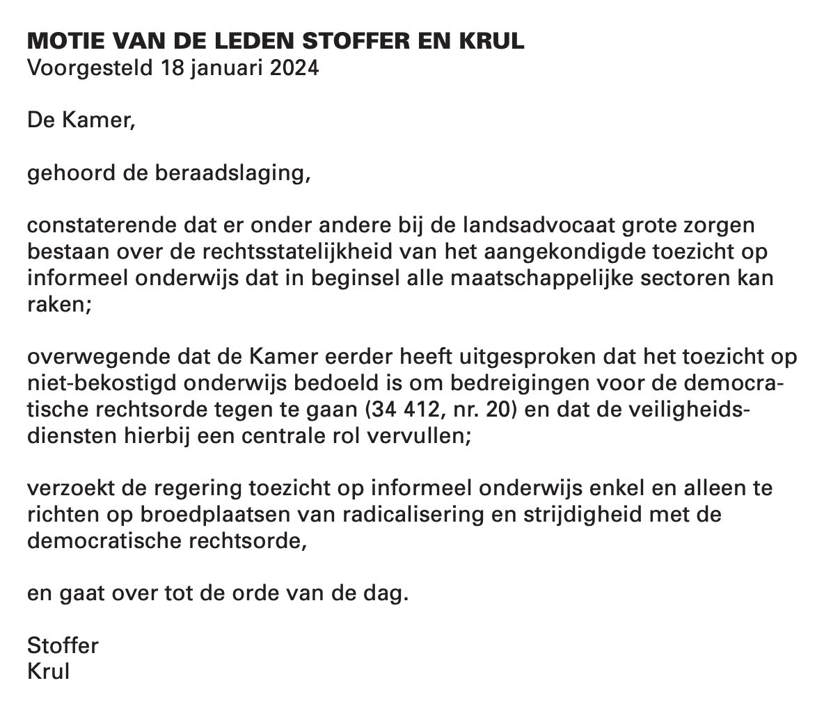 chris_stoffer's tweet photo. Heel belangrijk dat deze motie zojuist is aangenomen! De overheid mag zich in principe niet bemoeien met informeel onderwijs.

Het voorgenomen regeringsvoorstel hierover moet nu van tafel!

De SGP blijft de vrijheid van onderwijs bewaken en is blij met de steun van anderen. https://t.co/ereKooR9iR