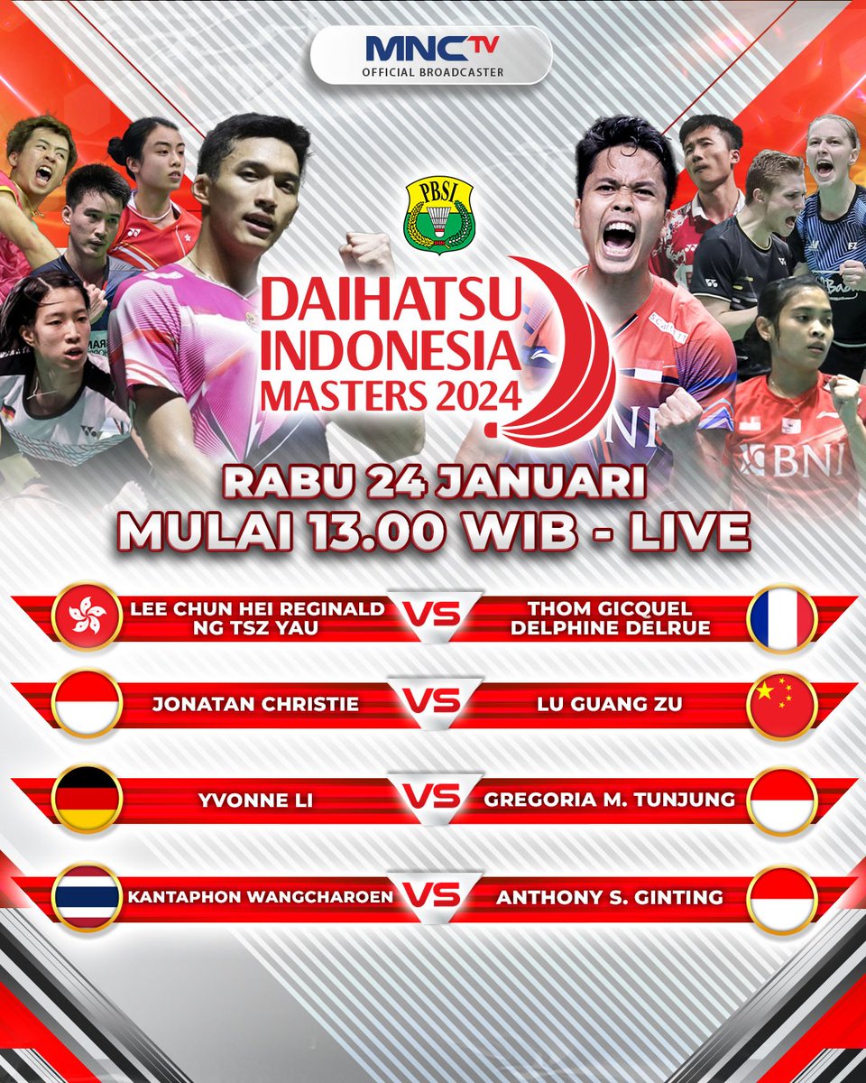 𝐁𝐀𝐁𝐀𝐊 𝟑𝟐 𝐁𝐄𝐒𝐀𝐑!🏸 Wakil Indonesia siap memulai langkah mereka di #IndonesiaMasters2024 Dukung & Saksikan Daihatsu Indonesia Masters 2024 LIVE & Eksklusif di @officialmnctv Mulai 13.00 #MNCTV #BadmintonIndonesia #IndonesiaMasters2024