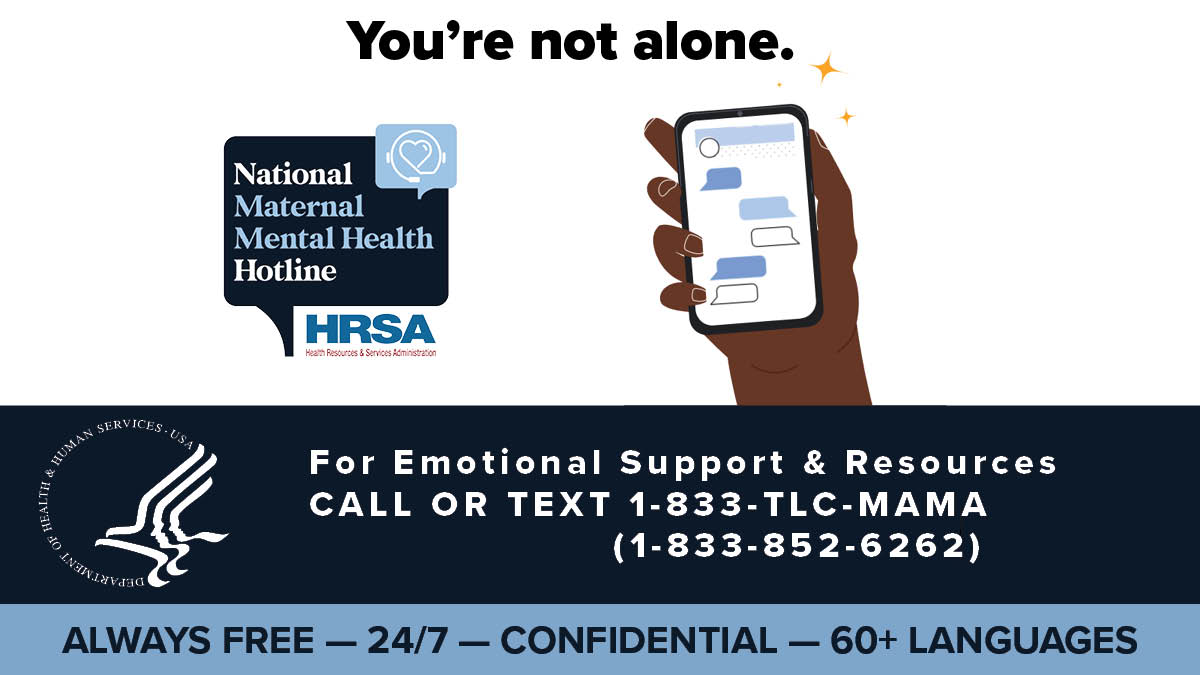#MaternalHealthAwarenessDay If you or someone you care about needs emotional support and resources, the National Maternal Mental Health Hotline is available. 

Call or text 1-833-TLC-MAMA (1-833-852-6262) to connect to trained counselors on this free and confidential service.