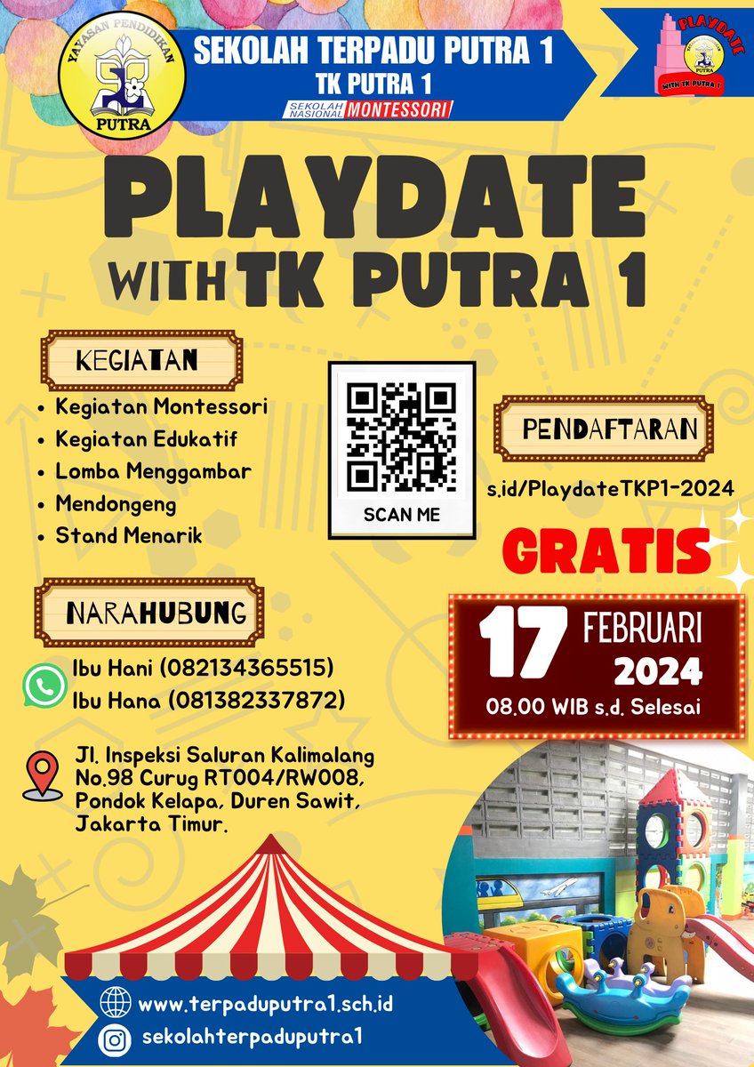 tanarulloh's tweet photo. Haloo parents..
Yuk luangkan waktu untuk berpartisipasi pada kegiatan "Playdate with TK Putra 1"..
Weekend gak perlu bingung lagi deh.. bisa bikin ananda happy!! bermain sambil belajar dan pastinya parents juga senang karena kegiatan ini GRATIS.  https://t.co/jAgmlZGWka https://t.co/3bdRqmJEMI