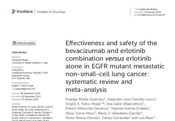 Our metanalysis in Frontiers confirming there is no really benefit adding anti-VEGF to TKIs for EGFR tumors. Congrats to the Peruvian team from Aliada for putting this together! @EGFRSummit @EGFRResisters @EGFRmNSCLC @EgfrUk @DFEGFRcenter #lungcancer #LCSM @MCIStrong @mhshospital…