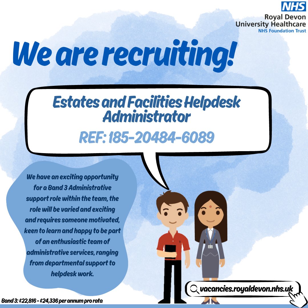 We are RECRUITING!🤩 Do you want to be part of a great team of varied roles within our Estates and Facilities Division? We have 4 exciting opportunities for an Estates and Facilities Helpdesk Administrator! Fancy it? Click the link below! ⬇️ vacancies.royaldevon.nhs.uk/jobs/job/Estat…
