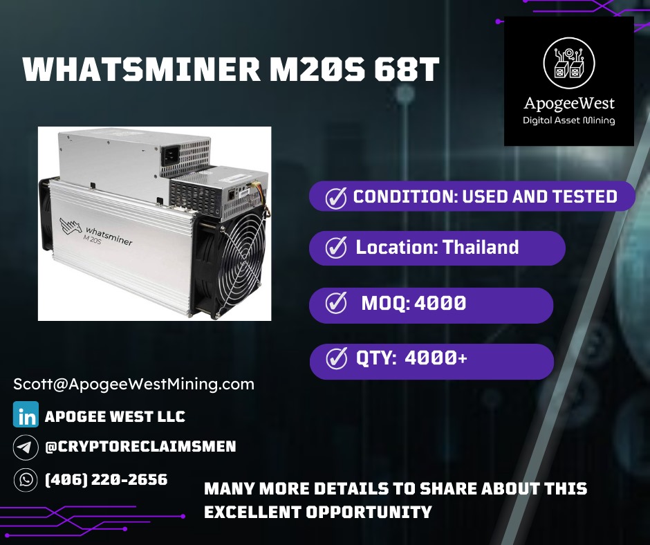 4,000 microBT Whatsminer M20S 68THs for sale from Apogee West LLC for $1.70/THs in Thailand.

Many more both new and old gen. ASICs available right now in bulk at wholesale pricing in US &amp; Worldwide

Seeking hosting? We have 1MW MOQ available in the US.

#bitcoin #bitcoinmining