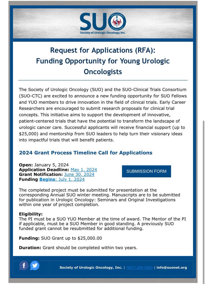 ICYMI 👀 - Don’t miss this funding opportunity for our @SUO_YUO community in collaboration with @UroOnc #CTC ‼️Up to $25,000 available‼️ ⏰ Application due May 1, 2024 ⏰ Apply here ➡️ app.smartsheet.com/b/form/170c0da…