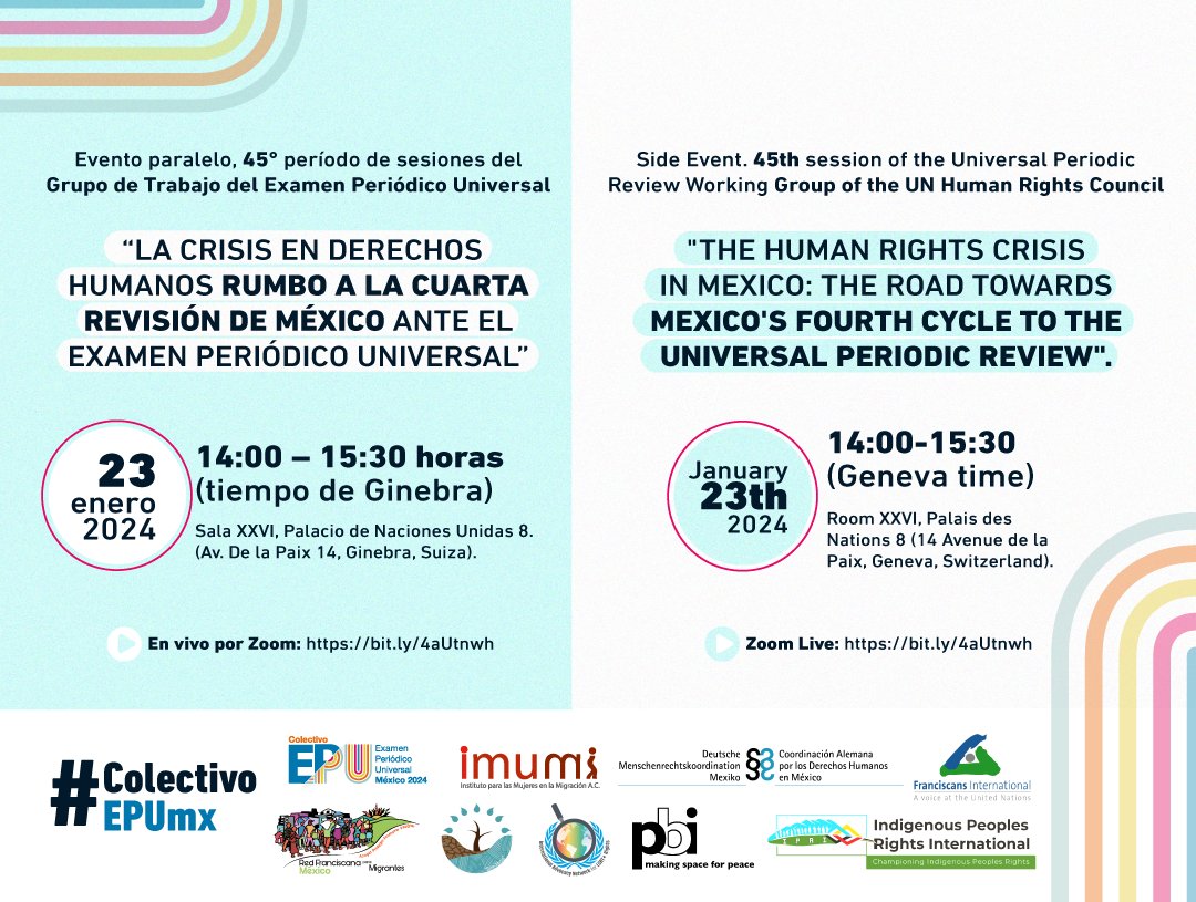IMUMIDF's tweet photo. #Ahora
📣 Panel: "La crisis en derechos humanos, rumbo a la revisión de México ante #ONU", evento paralelo del #ColectivoEPUMx
📅 23 ene
🕛 14:00 hrs (Ginebra) - 9:00 (CDMX)
🔴 #EnVivo por https://t.co/Z2i8ocs6ZC https://t.co/zP9ST8EIg6