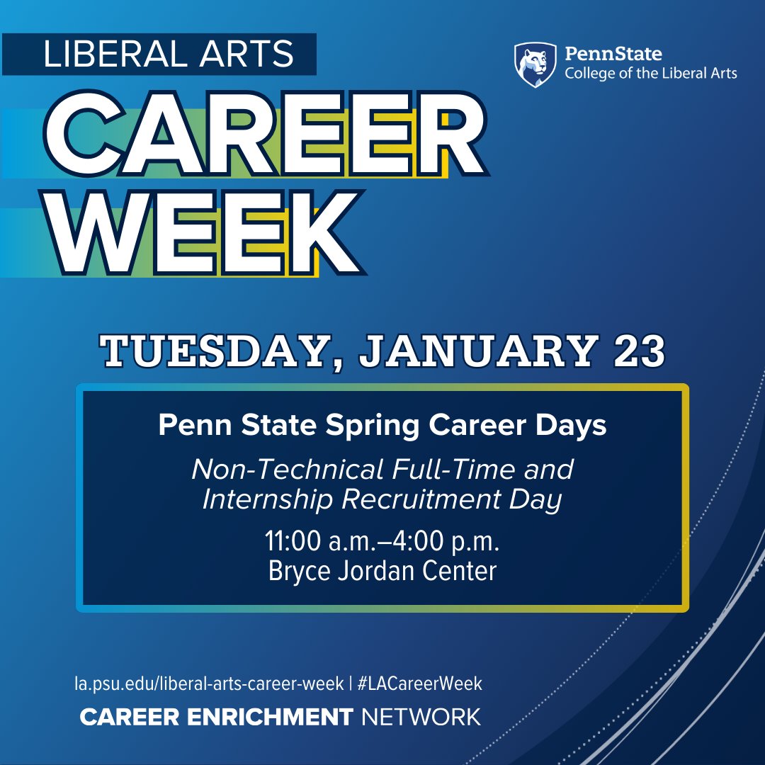 Liberal Arts Network (@psulajobs) on Twitter photo Good luck to our <a href="/PSULiberalArts/">Penn State College of the Liberal Arts</a> students attending Spring Career Days TODAY for the Non-Technical Full-Time & Internship Recruitment Day.
Research employers attending and other details here: ow.ly/LbXf50QsSGj
#PennState #LiberalArts #LACareerWeek Good luck to our <a href="/PSULiberalArts/">Penn State College of the Liberal Arts</a> students attending Spring Career Days TODAY for the Non-Technical Full-Time & Internship Recruitment Day.
Research employers attending and other details here: ow.ly/LbXf50QsSGj
#PennState #LiberalArts #LACareerWeek