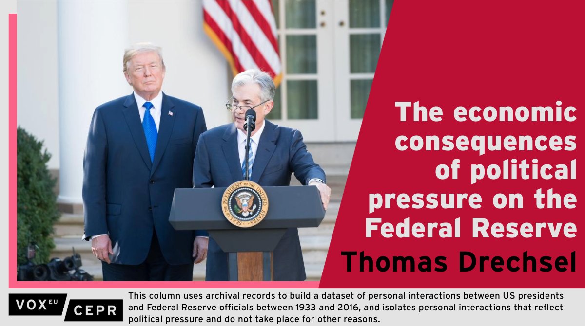 Examining personal interactions between #US presidents & Fed officials 1933-2016, @td_econ @bsosumd finds that political pressure consistently raises #inflation & inflation expectations, while showing little impact on #economic activity. ow.ly/YRoT50Qt0I1