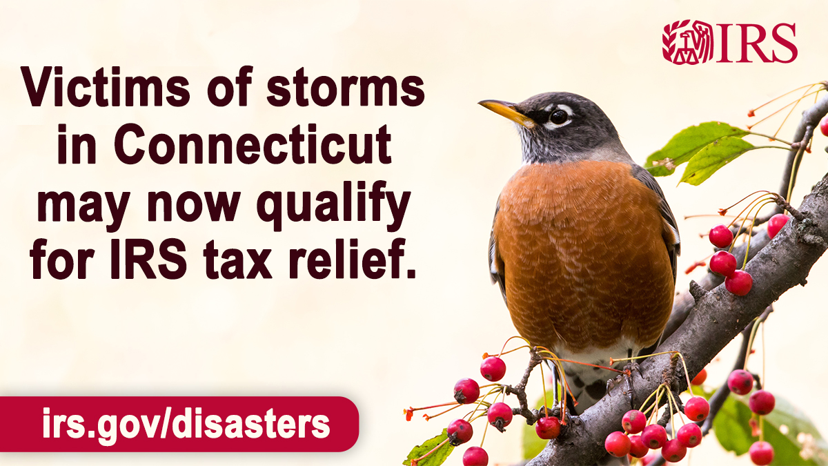 IRSnews's tweet photo. Tax relief is now available to victims of severe storms, flooding and a potential dam breach in parts of Connecticut, as part of a coordinated federal response based on damage assessments by @FEMA. For #IRS information on this, visit https://t.co/OGxV2e5Izc https://t.co/DB0I2Z9Sr5