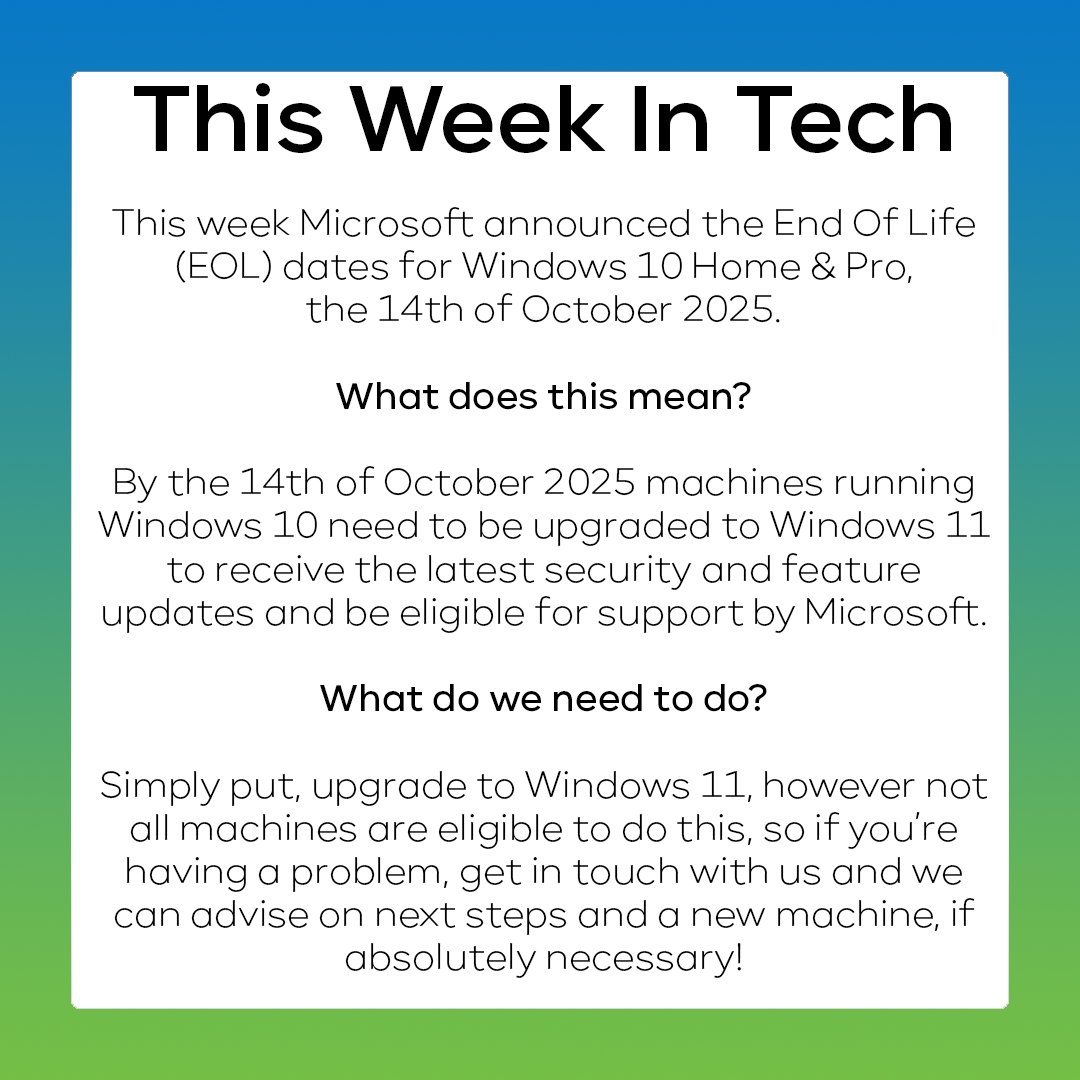 primeictlimited's tweet photo. As of the 14th of October 2025, Windows 10 Home &amp; Pro will go End Of Life (EOL) and so will no longer be supported by Microsoft and will not receive feature and security updates.

Read More --> https://t.co/WekUXsLHhJ https://t.co/P5b4RMRhhk