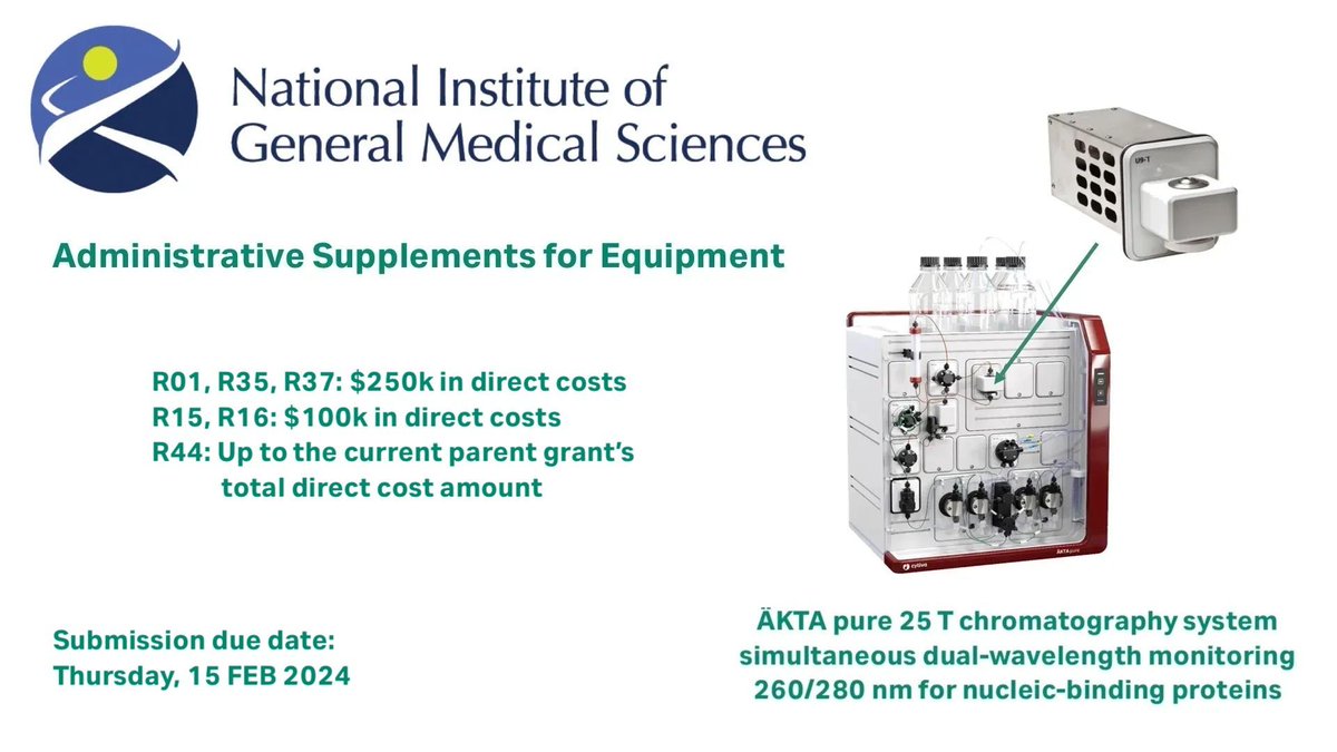 InsightSherpa's tweet photo. It's that time of the year again to apply for an ÄKTA #chromatography system with your  active R01, R15, R16, R35, R37 or R44 NIGMS grant!

👉🏼 Schedule an applications call with me for a quote to submit: adam.ligeralde@cytiva.com

Submission deadline is 15 FEB 2024 at 5:00 pm ET. https://t.co/UwITJ4Ok5v