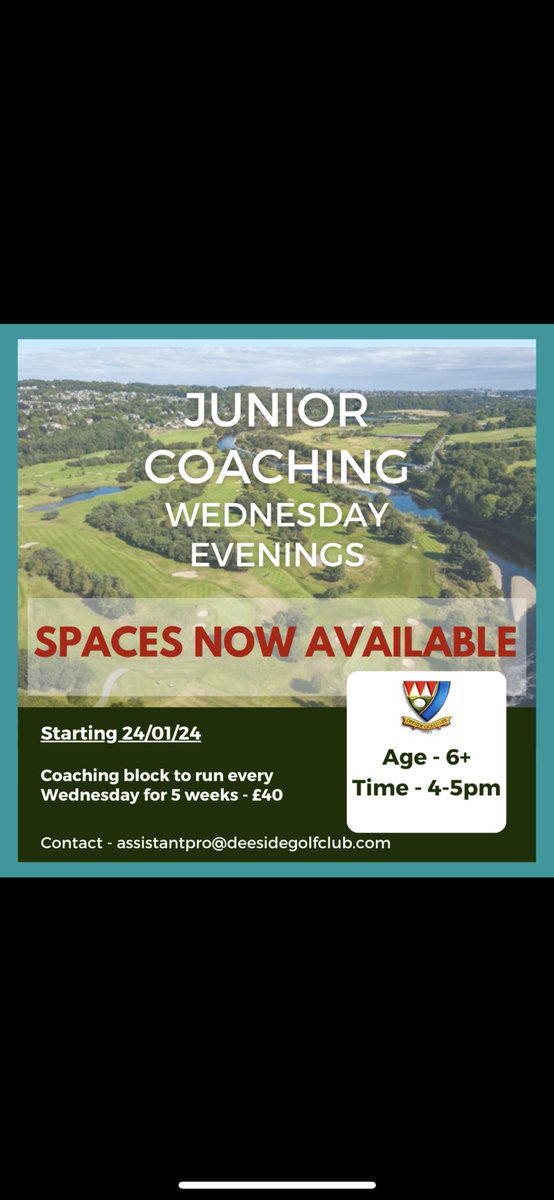 🚨 𝗦𝗣𝗔𝗖𝗘𝗦 𝗡𝗢𝗪 𝗙𝗥𝗘𝗘 🚨

Late notice but we now have 2 spaces available for our Wednesday after school class @ 4-5pm! 

Email - assistantpro@deesidegolfclub.com for enquiries or bookings!⛳️