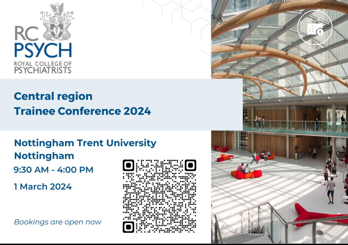 Join us at the upcoming RCPsych Central Region Training Conference on 1st of March 2024 at Nottingham Trent University. @rcpsychTrent @rcpsychTrainees @rcpsych @subodhdave1 @DrLadeSmith @TrudiSene1 @drraisirfan @NHFTNHS @LPTnhs rcpsych.ac.uk/events/confere…