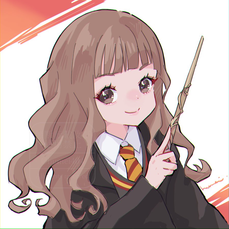 1girl hogwarts school uniform solo necktie school uniform wand brown hair  illustration images