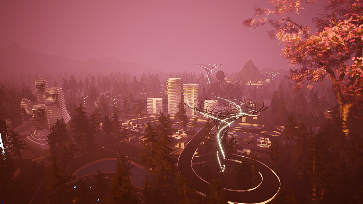 thelootverse's tweet image. An aerial shot of the Garden of Eden, a district built for human-controlled drones, arins, and sylis to explore, build, set up businesses, and interact. #GOE #VirtualReconstruction #ParallelWorldExploration