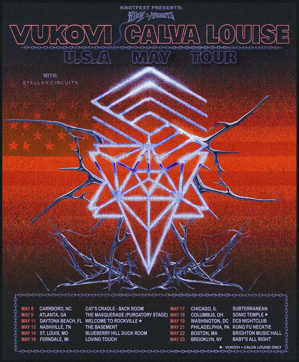 VUKOVI x Calva Louise USA co-headline tour across May 🇺🇸 this will be our first ever North American tour, something we have dreamed of for years! we couldn’t be more excited to be sharing it with such incredible people. opening the run will be @StellarCircuits 💚