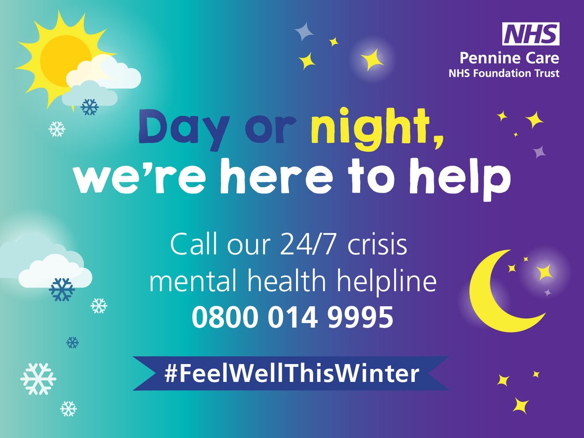 If you live the boroughs of Bury, Oldham, Rochdale, Stockport, Tameside, Glossop… Our 24/7 crisis mental health helpline is free and here to help if you’re struggling. Trained professionals will listen and give advice. Call 0800 014 9995 #FeelWellThisWinter @NHS_GM