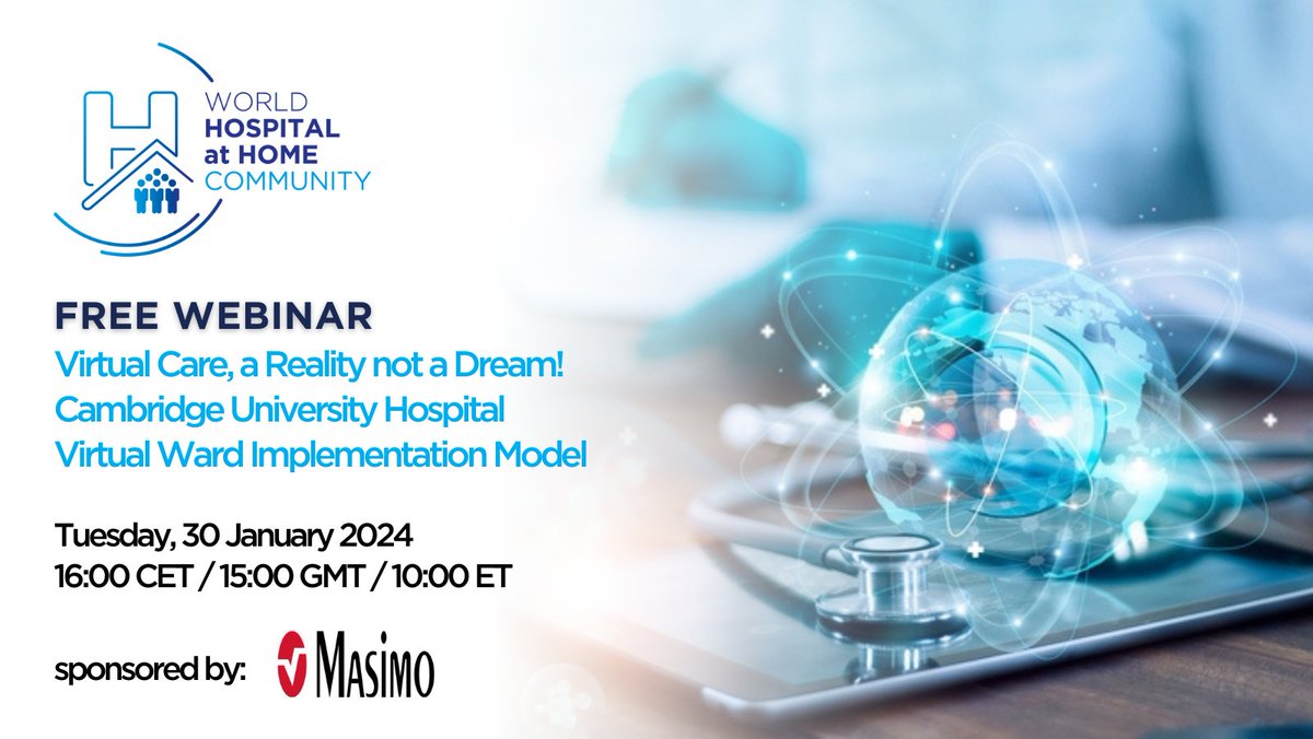 1 week left until the @Masimo-sponsored Free Webinar: 'Virtual Care, a Reality not a Dream!'📅30.01.2024🕒16:00 CET/15:00 GMT/10:00 ET. Register➡️ bit.ly/47Bnjpu *️Note: This topic is not considered #hospitalathome under the consensus definition presented at #WHAHC2023