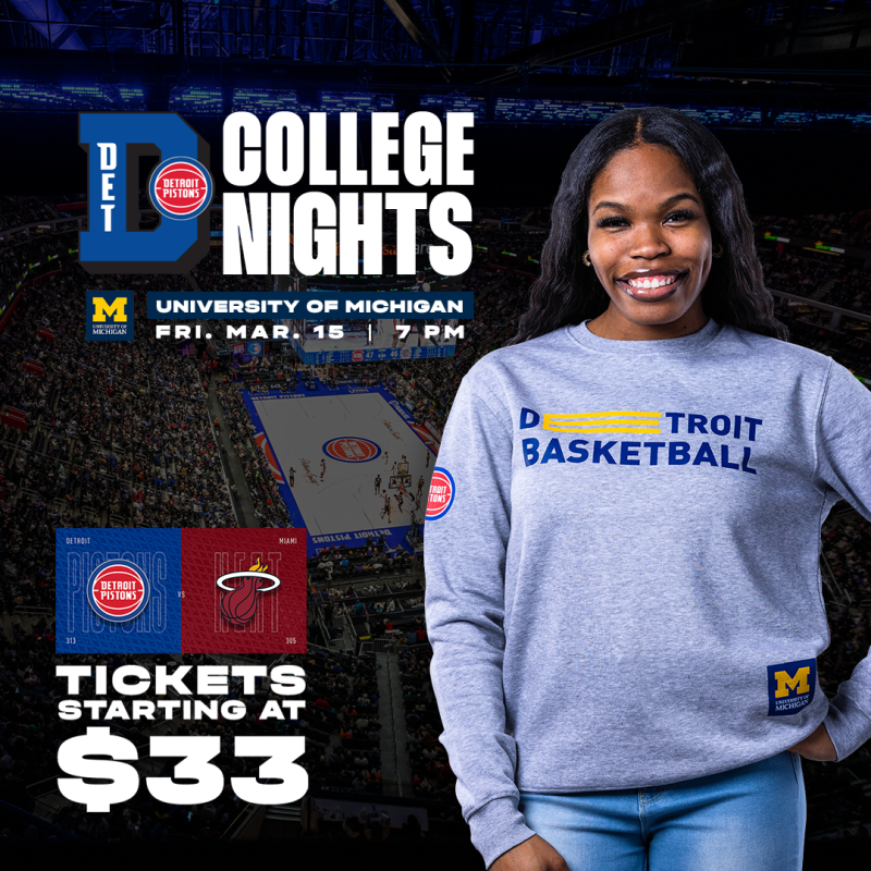 UMDearbornAlums's tweet photo. Join us for a night of Maize &amp; Blue with the Detroit Pistons on March 15th. UM-Dearborn alumni are invited to a complimentary pre-game alumni reception. Game ticket includes Pistons/U-M crewneck. 
See links below to register/purchase tickets. https://t.co/b1O4ttjggV