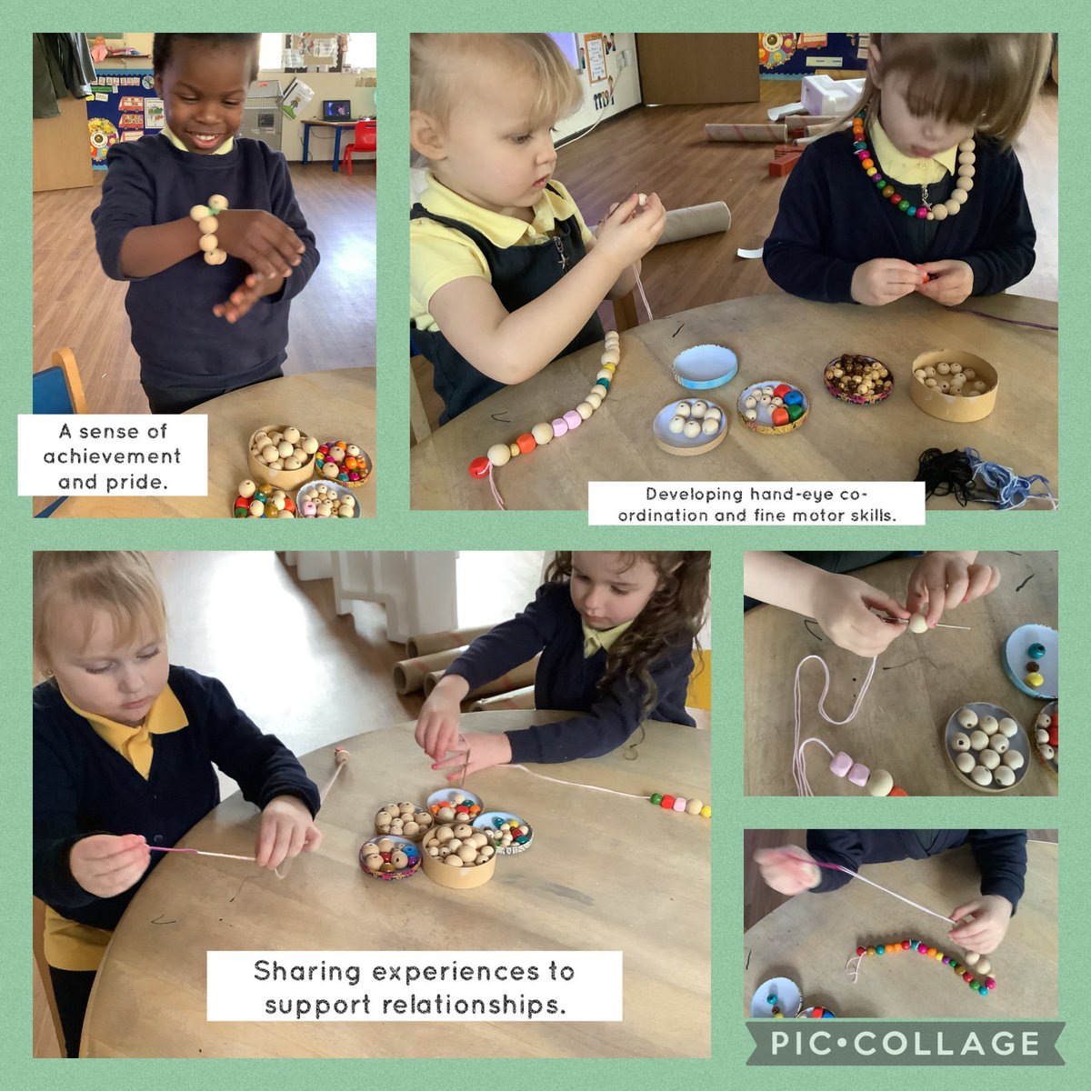 Our nursery children have been using needles to thread beads, making necklaces and bracelets with them. This is the beginning of our sewing project. #slowPedagogy #FrobelOccupations