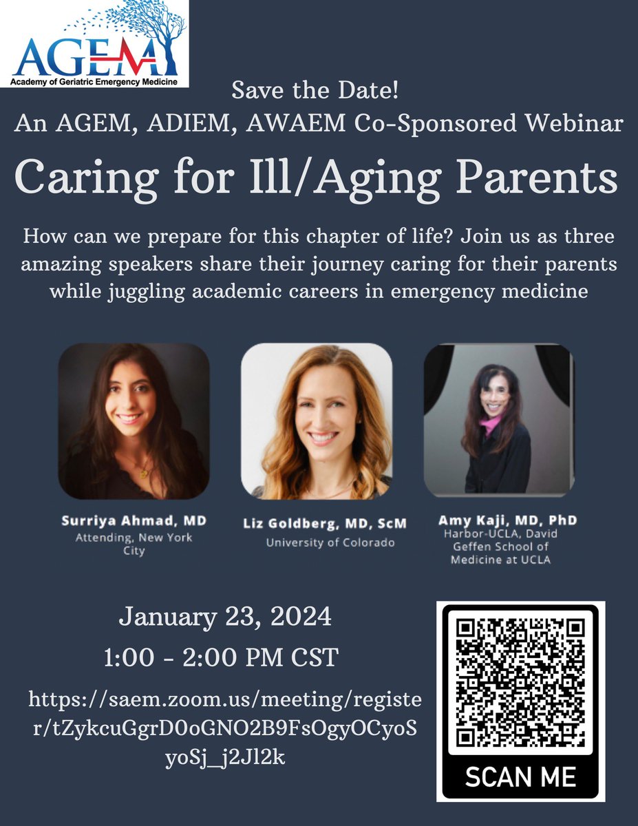 In collaboration with @SAEM_ADIEM and @AWAEM, we will be talking about personal journies of caring for aging parents while juggling a career! Join us today, January 23, at 2 PM EST Link to register: shorturl.at/aoD69 #saem #EmergencyMedicine #emdocs