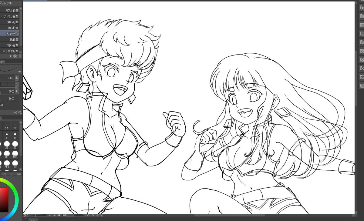 昔描いた事のあるダーティペアを今の絵柄で再び描いてみようと進めてみたら、かなり幼くなっているような・・・。 でもこれもアリですね。 皆さん、今日も1日お疲れ様でした。 それではおやすみなさい、良い夢を💤 #イラスト #みんなで楽しむtwitter展覧会 #芸術同盟