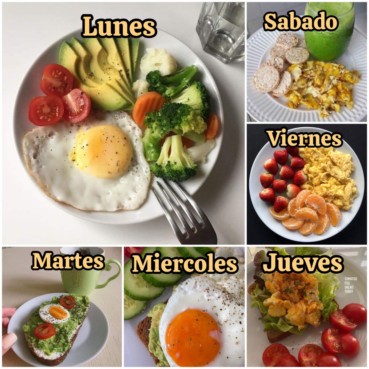 NutriologoGiron's tweet photo. Ideas de dessyunos para tu semana

Lunes
-huevo
-verduras
-aguacate

Martes
-huevo 
-pan tostado
-queso 
-aguacate

Miercoles
-huevo 
-aguacate
-tostada

Jueves
-huevo con pollo
-lechuga
-Aceitunas

Viernes
-huevo con tomate
-mandarina

Sabado
-Huevos revueltos
-Galletas de arroz
-Licuado de pepino y espina