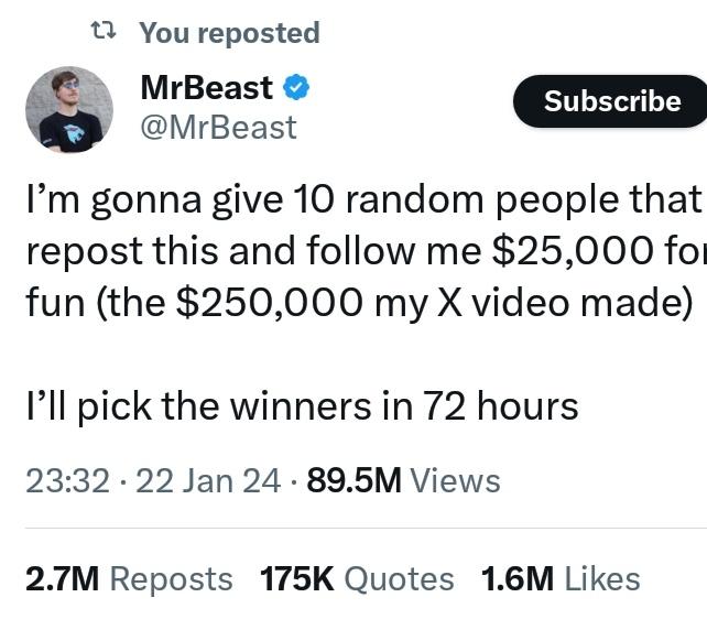 Guys quickly go on mr beast post and do his required condintion and win about $25000 in 70hours... 
This appourtunity is for humanity 💖🤲🤲🧡💖😍