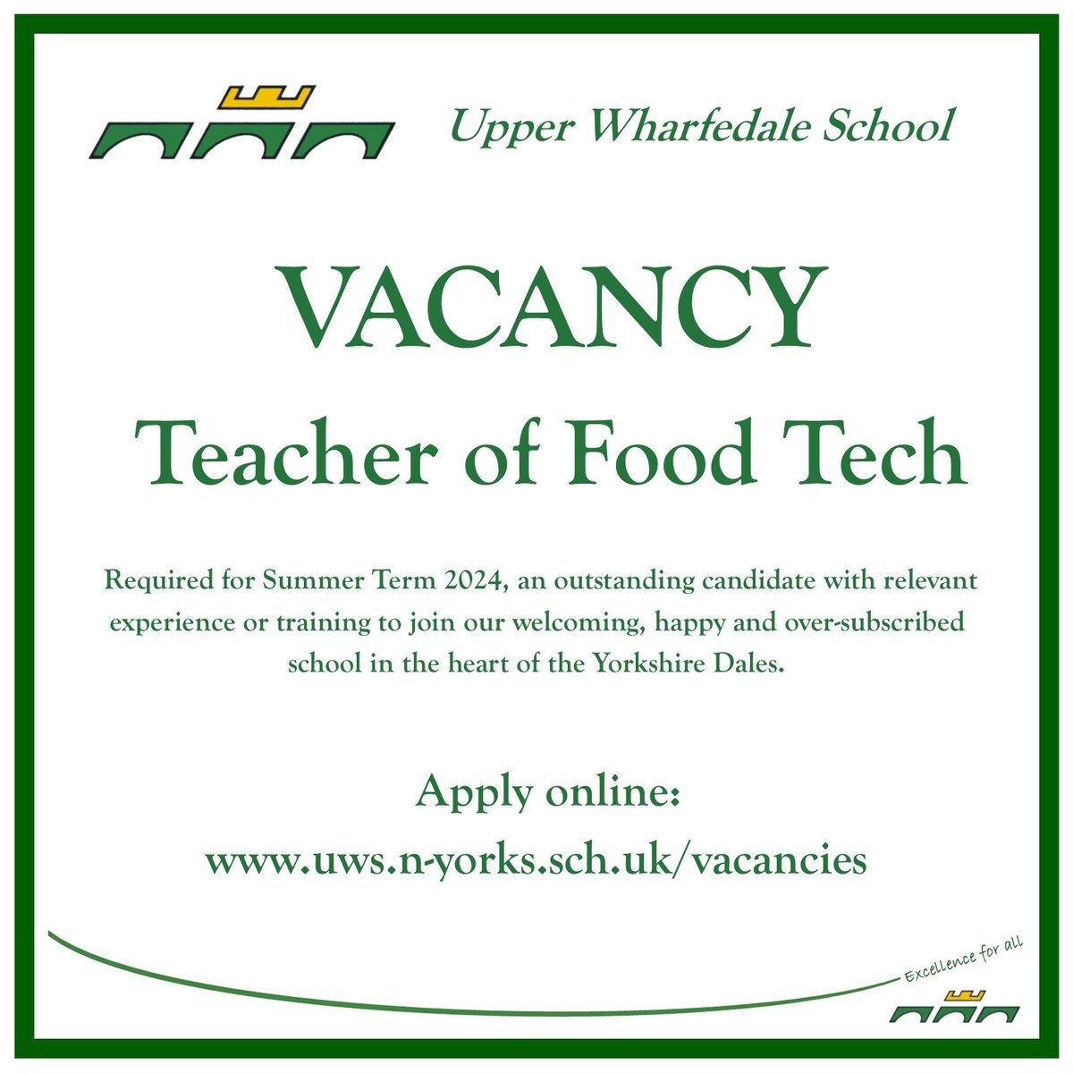 UpperWharfedale's tweet photo. We are recruiting for a Teacher of Food Tech to join our oversubscribed school in the heart of the Yorkshire Dales.

Please visit our website https://t.co/2xhfBAS4EV for more information. https://t.co/fN8b8dEsKy