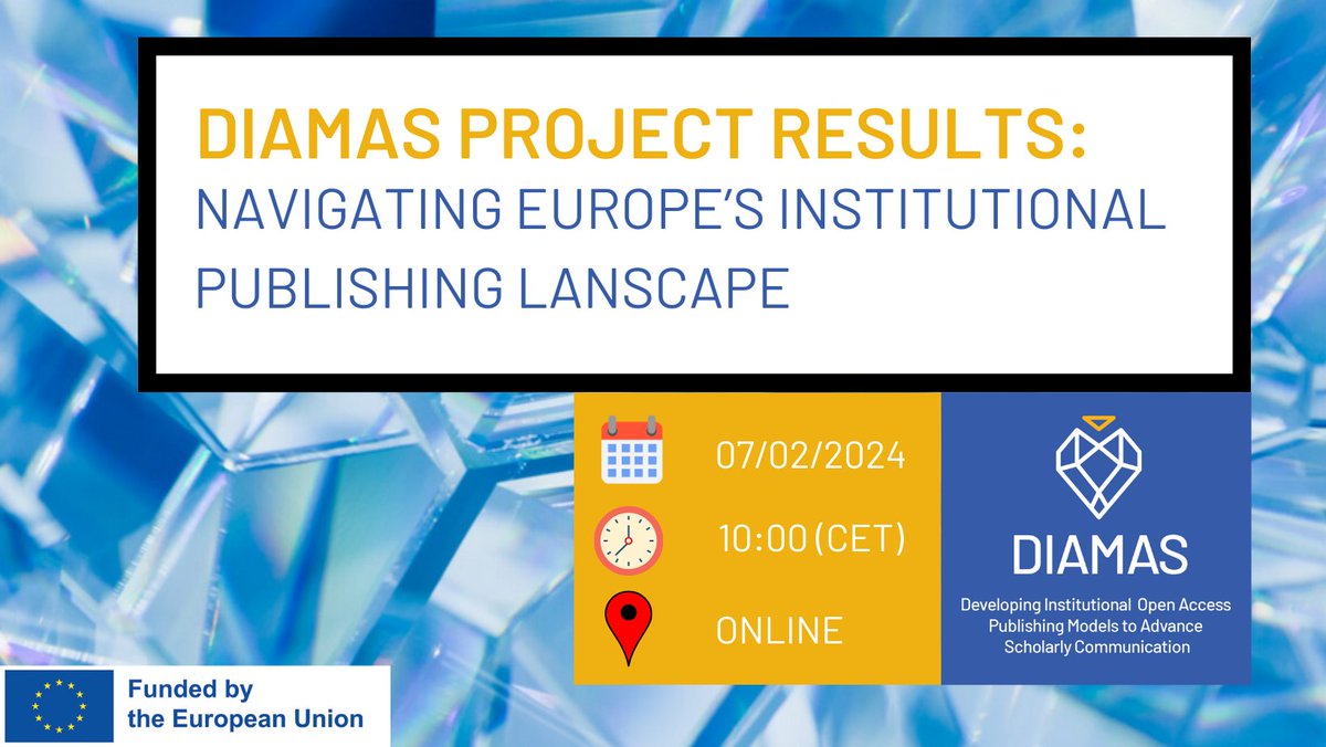 📣Ogłoszenie o wydarzeniu📣 Zapraszamy na webinar projektu #DIAMAS! Przedstawione zostaną wyniki badania europejskiego krajobrazu wydawniczego z uwzględnieniem modelu diamentowego. Nie przegapcie okazji - zarezerwujcie miejsce: ow.ly/onMs50Qrc33 #diamondOA, @DiamasProject