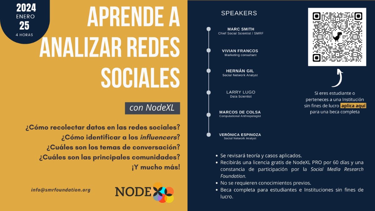 🎓 Aprende a analizar #redessociales con @NodeXL 🗓 25 enero 2024  ⭐️ Obtendrás una licencia #NodeXL 60 días y certificado por la @smr_foundation   Link del evento:  i.mtr.cool/geedhyqkeu