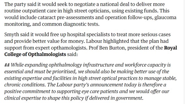 Great to see @UKLabour @KarinSmyth positive commitment to improving #eyecare for patients with more #optometry & #ophthalmology integration. We'll offer our clinical expertise to shape this policy if delivered in government. Work on expanding infrastructure & workforce continues