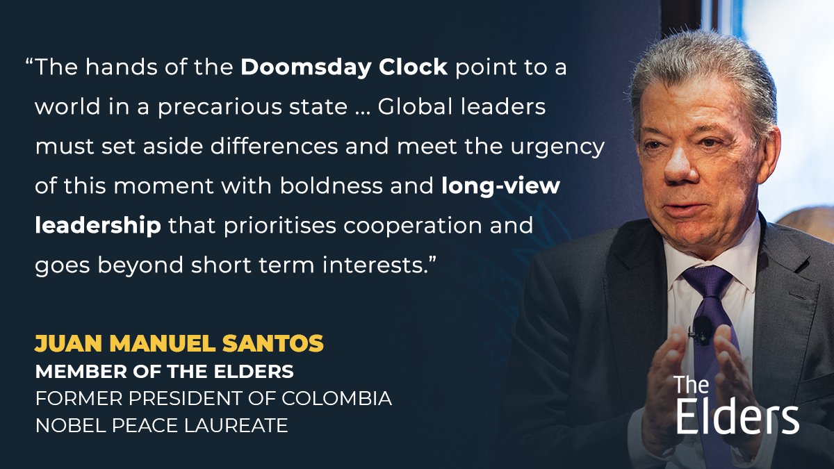 The hands of the #DoomsdayClock remain at 90 seconds to midnight. Yet, as @JuanManSantos explains, a better future is within our reach if leaders prioritise long-view leadership. Read more: theelders.org/news/our-colle… #LongViewLeadership #ExistentialThreats