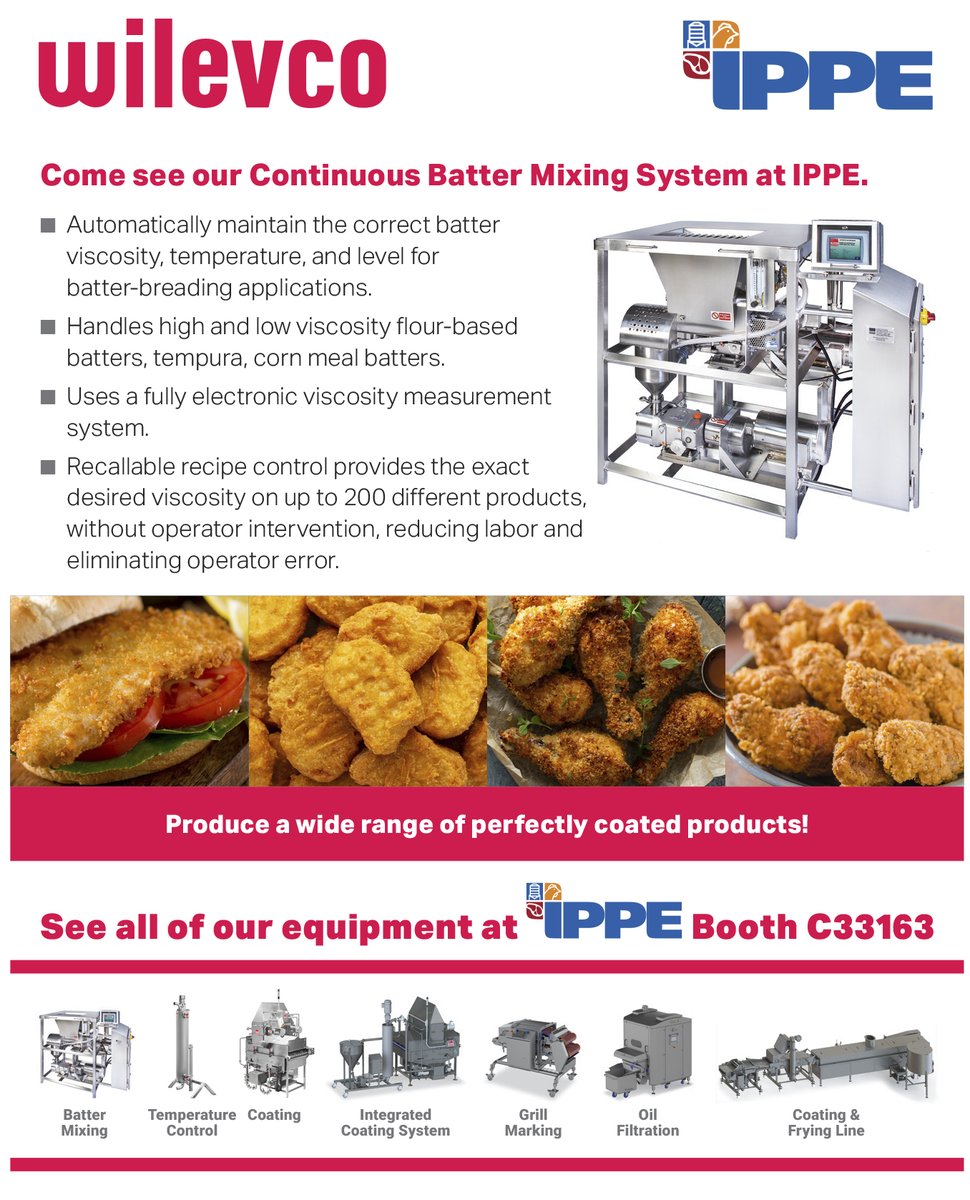 wilevco's tweet photo. Automatically produce batter &amp; control temps &amp; viscosity without operator intervention. Wilevco's Continuous Batter Mixing System automatically maintains the correct batter viscosity, temperature, &amp; level for batter-breading applications.
-
Visit us in Booth C33163 at @IPPEexpo. https://t.co/D1mBblzxOg