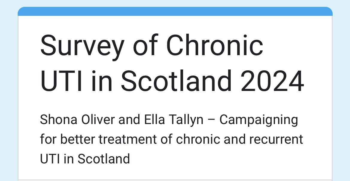 📢 Do you experience recurrent urinary tract infection or other bladder related issues? A new survey published today, supported by @cuticuk is collecting information about the impacts of CUTI on people in Scotland 🏴󠁧󠁢󠁳󠁣󠁴󠁿 Respond below ⬇️ docs.google.com/forms/d/e/1FAI…