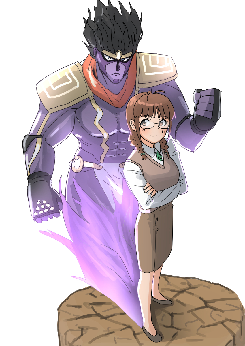 star platinum stand (jojo) glasses 1girl braid twin braids crossed arms brown hair  illustration images