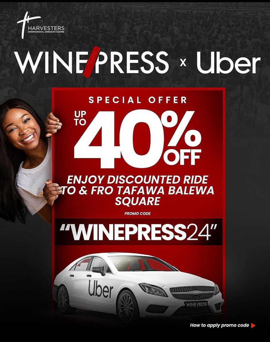 Good news! If you are booking a ride to Tafawa Balewa Square for Winepress, use the promo code 'Winepress24' for a ride discount. #Winepress2024