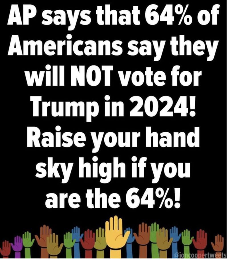 AP says that 64% of Americans say they will NOT vote for Trump in 2024!

Raise your hand sky high if you are the 64%!🙋🙋🏿‍♀️🙋🏻‍♂️🙋🏼‍♀️🙋🏽‍♀️