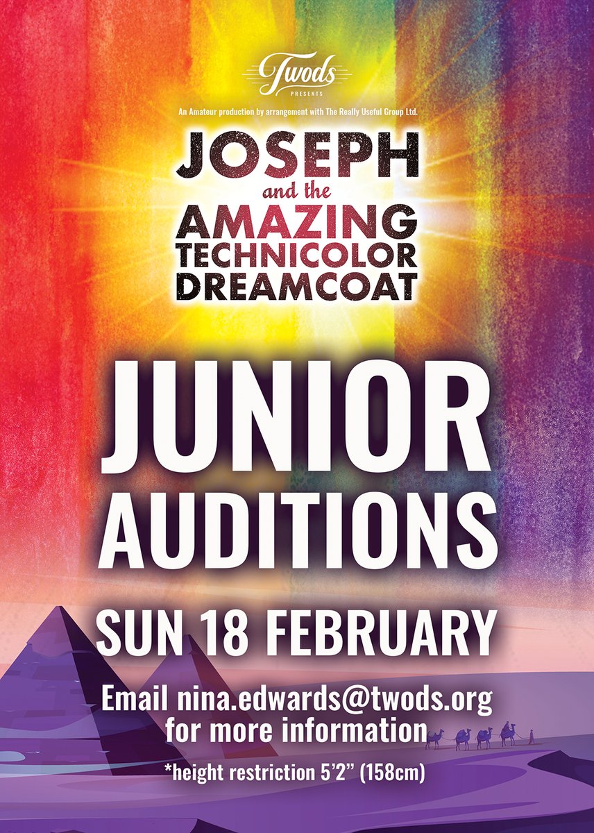 TWODS (@twodsmusicals) on Twitter photo JUNIOR AUDITIONS*
If your child is interested in appearing in 'Joseph', email nina.edwards@twods.org
Auditions: Sun 18 Feb
Max height: 5'2" (158cm)
*These are not open auditions - please email to get involved.
Shows 29 May to 1 June at the <a href="/ahttw/">Assembly Hall</a> #theatre #audition #musical JUNIOR AUDITIONS*
If your child is interested in appearing in 'Joseph', email nina.edwards@twods.org
Auditions: Sun 18 Feb
Max height: 5'2" (158cm)
*These are not open auditions - please email to get involved.
Shows 29 May to 1 June at the <a href="/ahttw/">Assembly Hall</a> #theatre #audition #musical